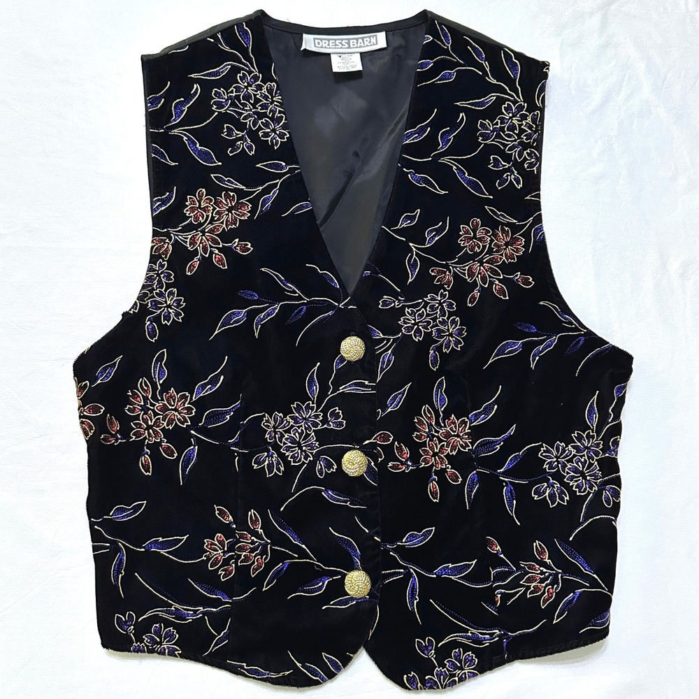 Dress Barn Floral Metallic Velvet Vest M Whimsigoth Tie Back Gold Buttons Black